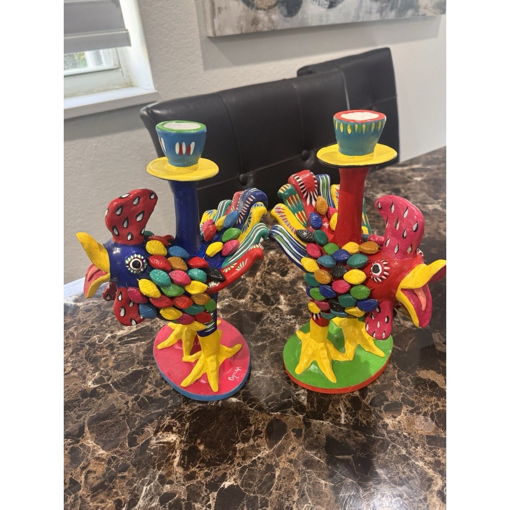 Ortega Signed Rooster Candle Holders Pair 11'' Mexican Folk Art Hand Painted